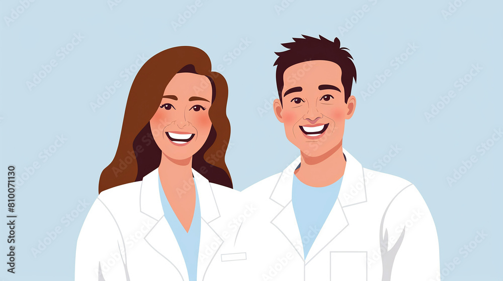 Two happy confident young doctors, a man and a woman in white coats on a light blue background. Banner design. Two happy confident young doctors, a man and a woman in white coats on a light blue background. Banner design.