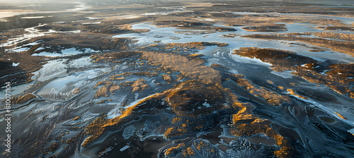 Aerial view of a vast permafrost landscape under the soft glow of the Arctic twilight, showing intricate patterns of frozen ground and sparse vegetation