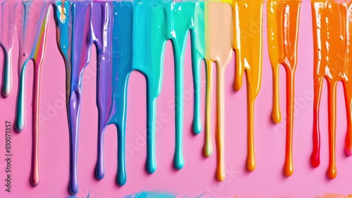 colored liquid paint flows down the surface and mixes with the colors of the rainbow, animated background
