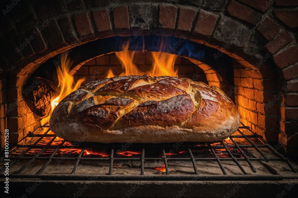 a traditional brick oven with flames flickering inside, a loaf of bread resting on a peel ready