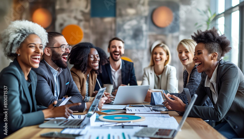 of a diverse group of businesspeople laughing together around a boardroom table, with digital devices and paperwork in front of them, Diverse team, businesspeople, multicultural pe photo