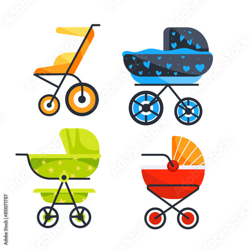 Baby stroller set. Kids transport. Baby carriage
