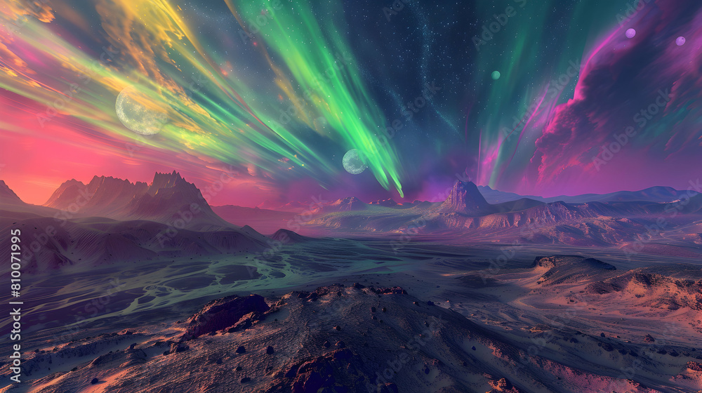 An artistic capture of the silent yet powerful interactions within the Earth's magnetosphere, featuring a colorful aurora over a remote desert landscape