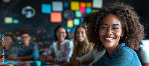 of a diverse business team in a creative brainstorming session, smiling as they share ideas and concepts with colorful sticky notes in the background, Diverse team, businesspeople,