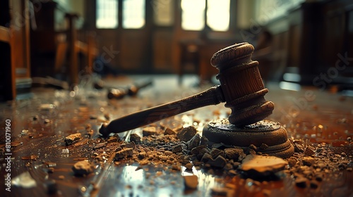 Dramatic image of a shattered wooden gavel on a courtroom floor, symbolizing a breakdown in judicial integrity