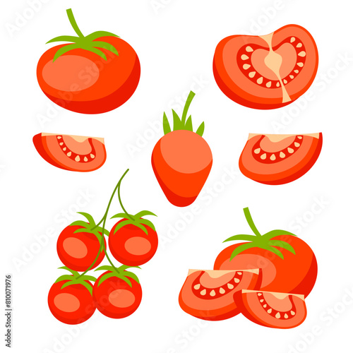 Tomato set. Red tomato collection. Whole, half and sliced