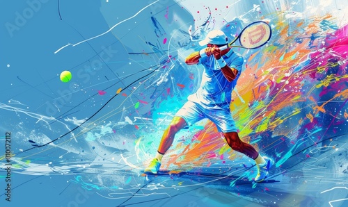 Fototapeta Naklejka Na Ścianę i Meble -  abstract digital art of tennis player hitting the ball, on blue background, full body, colorful Generative AI