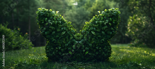 An artistic portrayal of a hedge trimmed into the shape of a butterfly, focusing on the wings' detail and the vibrant greenery, captured with an ultra HD camera in natural light photo