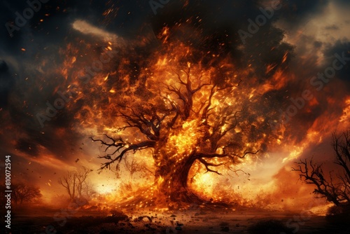 Dramatic image of a lone tree engulfed in flames with fiery explosion backdrop