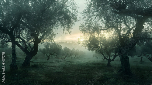 An atmospheric shot of a misty olive grove at dawn, the mist softening the outlines of the trees and creating a mystical ambiance photo