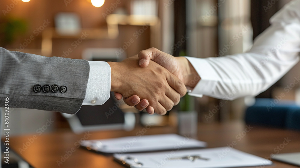 Two business people shaking hands over a desk. Two business people shaking hands over a desk.