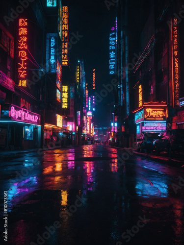 Neon Noir  Cyberpunk City Streets Shrouded in Darkness and Glowing Lights