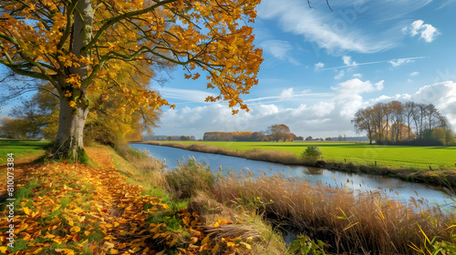 An autumnal polder landscape with trees shedding golden leaves, creating a colorful contrast against the typically green and blue backdrop
