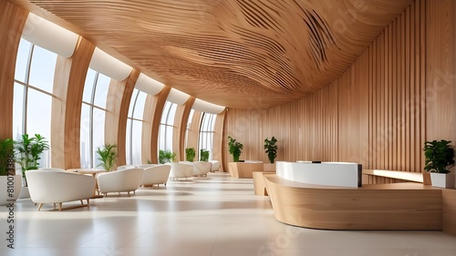 Interior of a contemporary corporate office lobby with wooden panels and natural lighting. Concept for designing an upscale office space that incorporates corporate branding, architecture, and interio photo