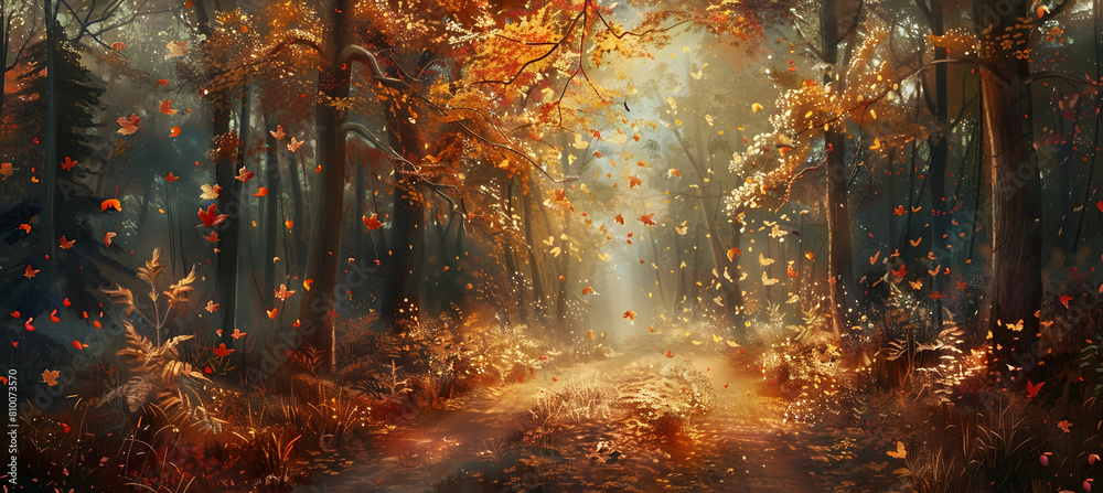 An autumnal scene in a deciduous forest with a mix of golden, orange, and red leaves falling gently to the forest floor, a narrow path meandering through