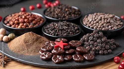  Chocolates, nuts, and spices adorn a black platter atop a wooden table, accompanied by a vibrant red star