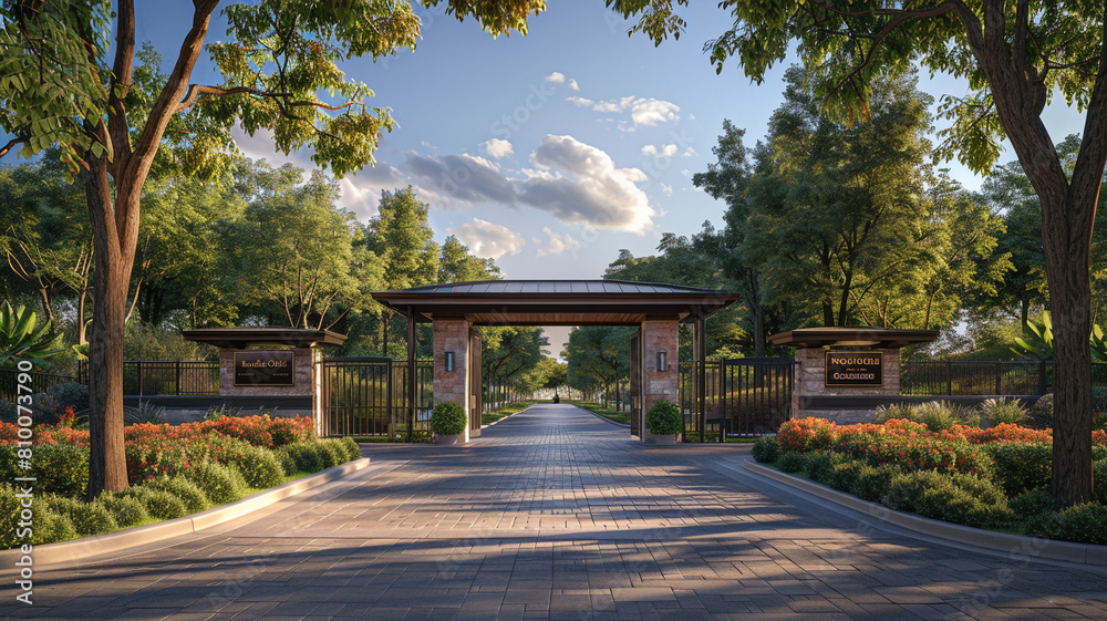 Obraz premium Gated community with beautiful landscaping and a private park. Perfect for families and those who want a safe and quiet neighborhood.
