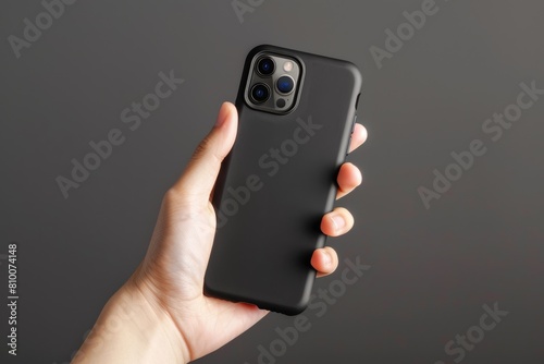 Wallpaper Mural Modern Smartphone with Black Case in Hand on Grey Background Torontodigital.ca