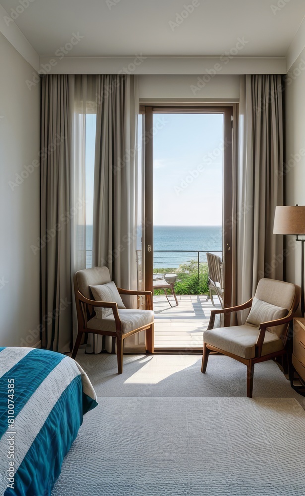 Fototapeta premium Relaxing Seaside Bedroom with Ocean View