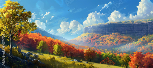 An escarpment in the fall, with trees dressed in autumn colors clinging to the steep slopes and a crisp, clear sky overhead