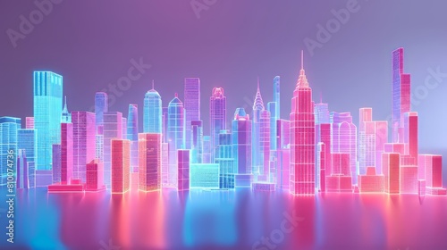 Dynamic neon-lit skylines showcasing the energy and vitality of city living against a minimalist white backdrop