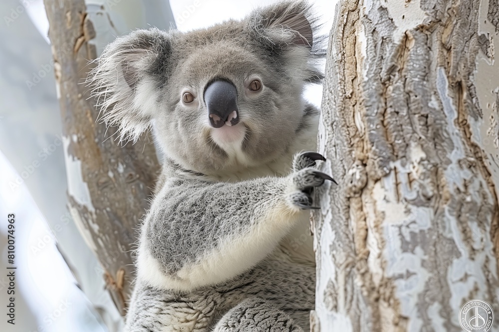 Fototapeta premium calm koala climbing a eucalyptus tree in white background