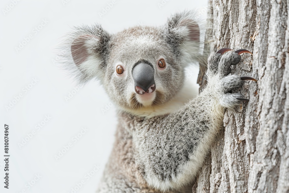 Obraz premium calm koala climbing a eucalyptus tree in white background