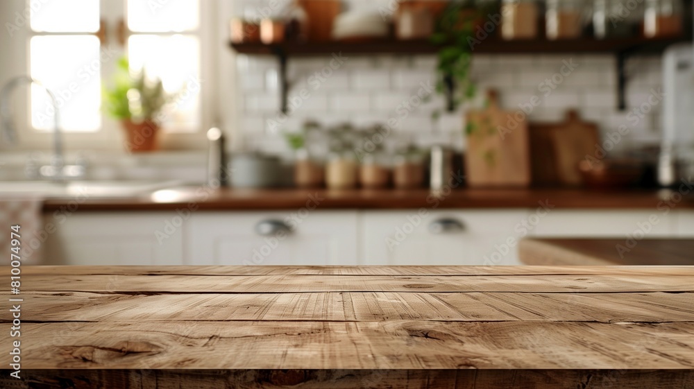 Empty beautiful wood table top counter and blur bokeh modern kitchen interior background in clean and bright