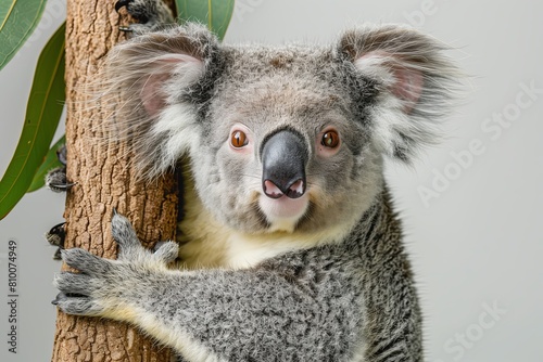 calm koala climbing a eucalyptus tree in white background © Jordi