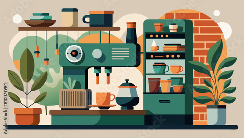 Cozy Modern Kitchen Interior with Coffee Machine and Plants