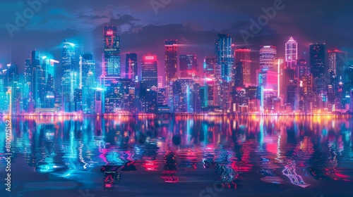 Electric cityscapes alive with the vibrant glow of neon lights  set against a serene white background