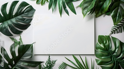 Modern mock up, 2 blank business cards on a wooden plate, decorated with aralia and monstera leaves on white background. corporate identity templates with a tropical touch photo