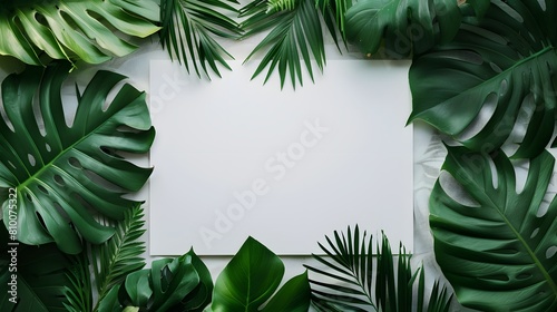 Modern mock up, 2 blank business cards on a wooden plate, decorated with aralia and monstera leaves on white background. corporate identity templates with a tropical touch photo