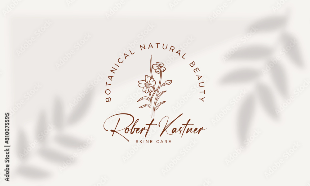 Obraz premium Floral element Botanical Hand Drawn Logo with Wild Flower and Leaves. Logo for spa and beauty salon, boutique, organic shop, wedding, floral designer, interior, photography, cosmetic
