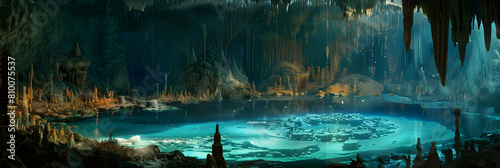An expansive view of a large aquifer opening, with a pool of azure water surrounded by stalactites and stalagmites photo