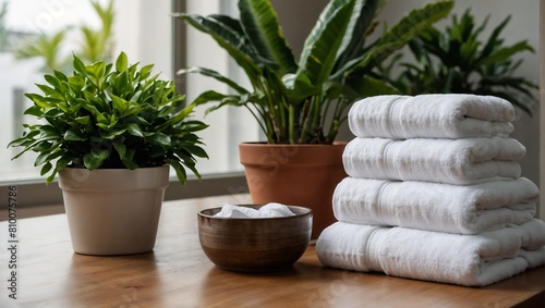 White towels stacked next to potted plants