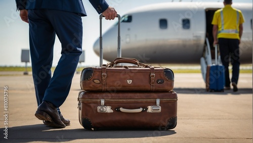 view of a suitcase standing next to a passenger plane in the back foreground