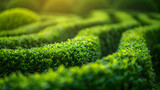 An intricate garden hedge, perfectly manicured and forming geometric patterns, with a soft-focus background highlighting the precision of the garden design