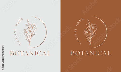 Floral element Botanical Hand Drawn Logo with Wild Flower and Leaves. Logo for spa and beauty salon, boutique, organic shop, wedding, floral designer, interior, photography, cosmetic