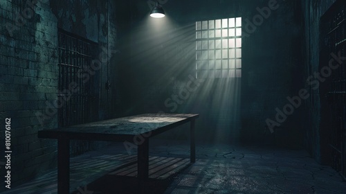 Empty table in the dark prison cell photo