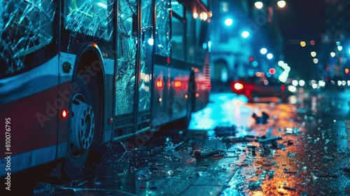 broken glass of a bus after an accident on road at night