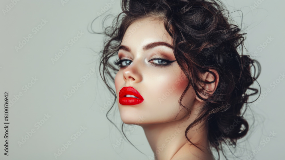 Fashion portrait of a young model with bright makeup and stylish hairstyle posing on a light gray background. Bright woman with makeup indoors. Beauty and fashion concept. Fashion portrait of a young model with bright makeup and stylish hairstyle posing on a light gray background. Bright woman with makeup indoors. Beauty and fashion concept.