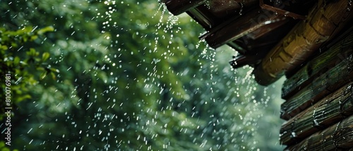 A closeup of rain pouring down onto the roof and eaves of an old wooden house.