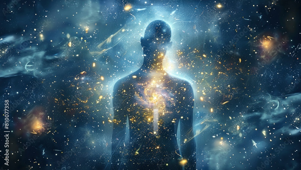 A person is surrounded by glowing, starlike dots representing energy and light. The background features swirling waves of dark blue with specks of white and gold. A person is surrounded by glowing, starlike dots representing energy and light. The background features swirling waves of dark blue with specks of white and gold.