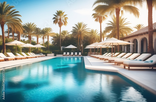 Blurred pool area with lounge chairs and palm trees 
