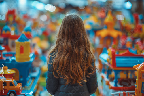Girl surrounded by colorful toys facing away