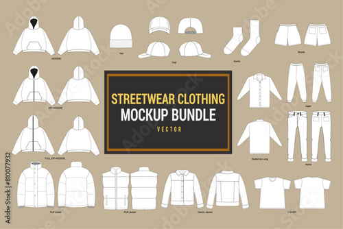 Streetwear Clothing Vector Mockup Pack Techpack Vector Apparel Mockup Collection Fashion Illustrator Vector Tech Pack Men's T-shirt Trucker Hoodie Joggers Jacket Short Sweater Pant Design Template