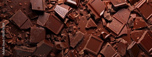 chocolate background, lots of chocolate pieces and broken bars, top view, flat lay, World Chocolate Day