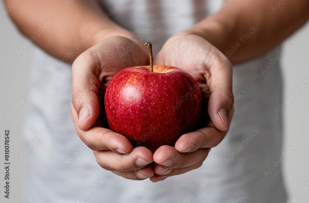 Close up of hands holding a red apple against a white background Close up of hands holding a red apple against a white background