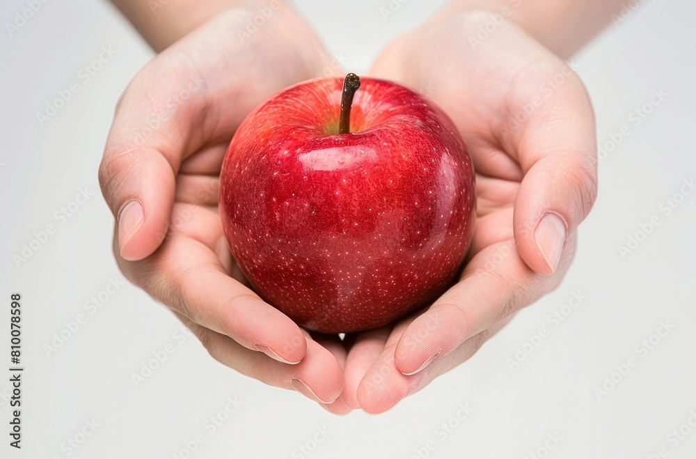 Close up of hands holding a red apple against a white background Close up of hands holding a red apple against a white background